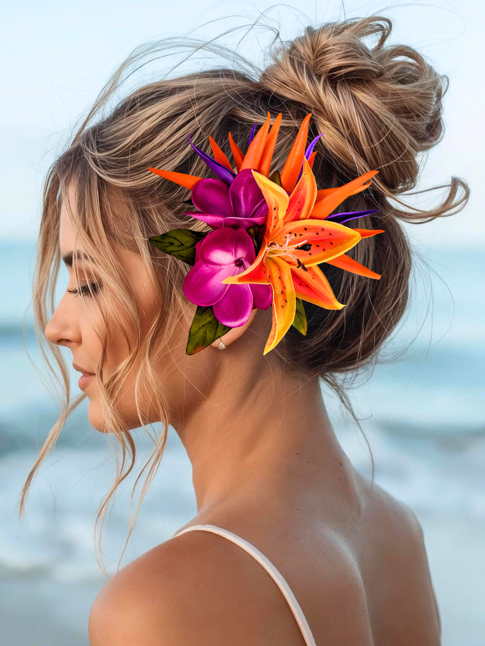 Bridal Hair Accessory with Real Touch Tropical Flowers including